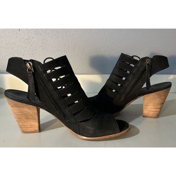 Paul Green Mindy Block Heel Bootie Peep Toe Sandals Black Suede Leather Size 6.5 - Picture 4 of 6